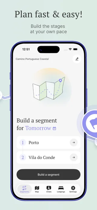 Building tomorrow's stage in the app: pick a start and finish town, here Porto to Vila do Conde