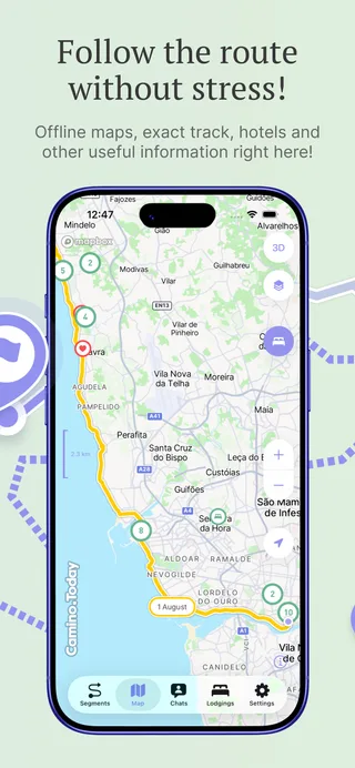 The route on an offline map with the exact track, lodgings and the distance to the next one