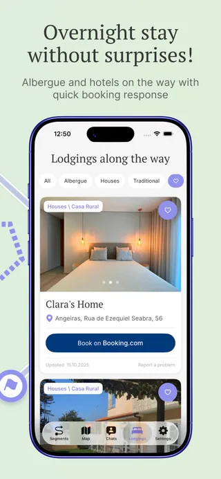 Lodgings along the way, filtered by kind, each with photos, address and a booking link